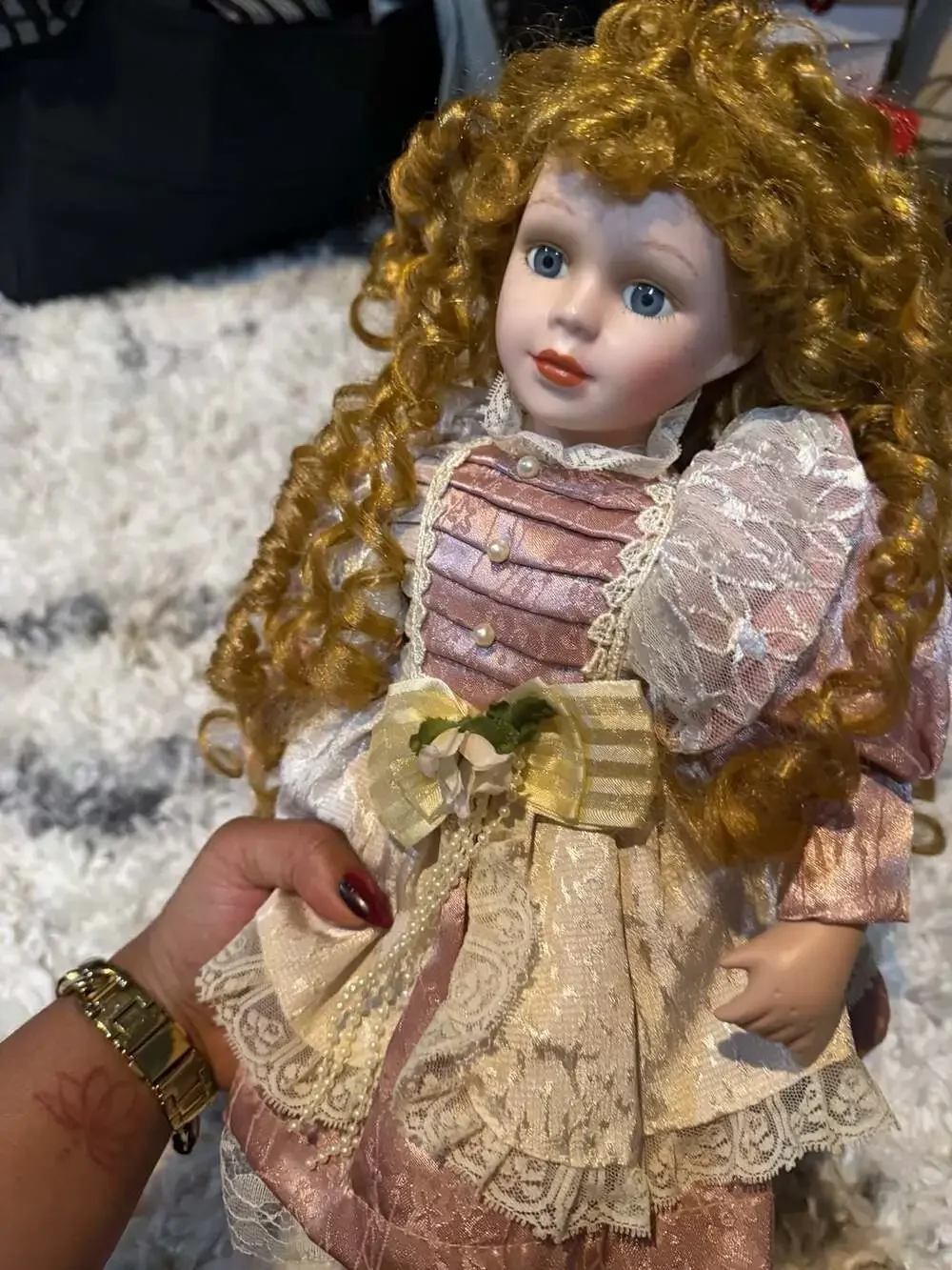 Vintage Bisque Porcelain Collector Doll with Curly Blonde Hair